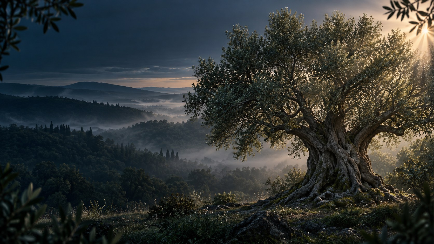 A misty valley of cypress and olive at sunrise